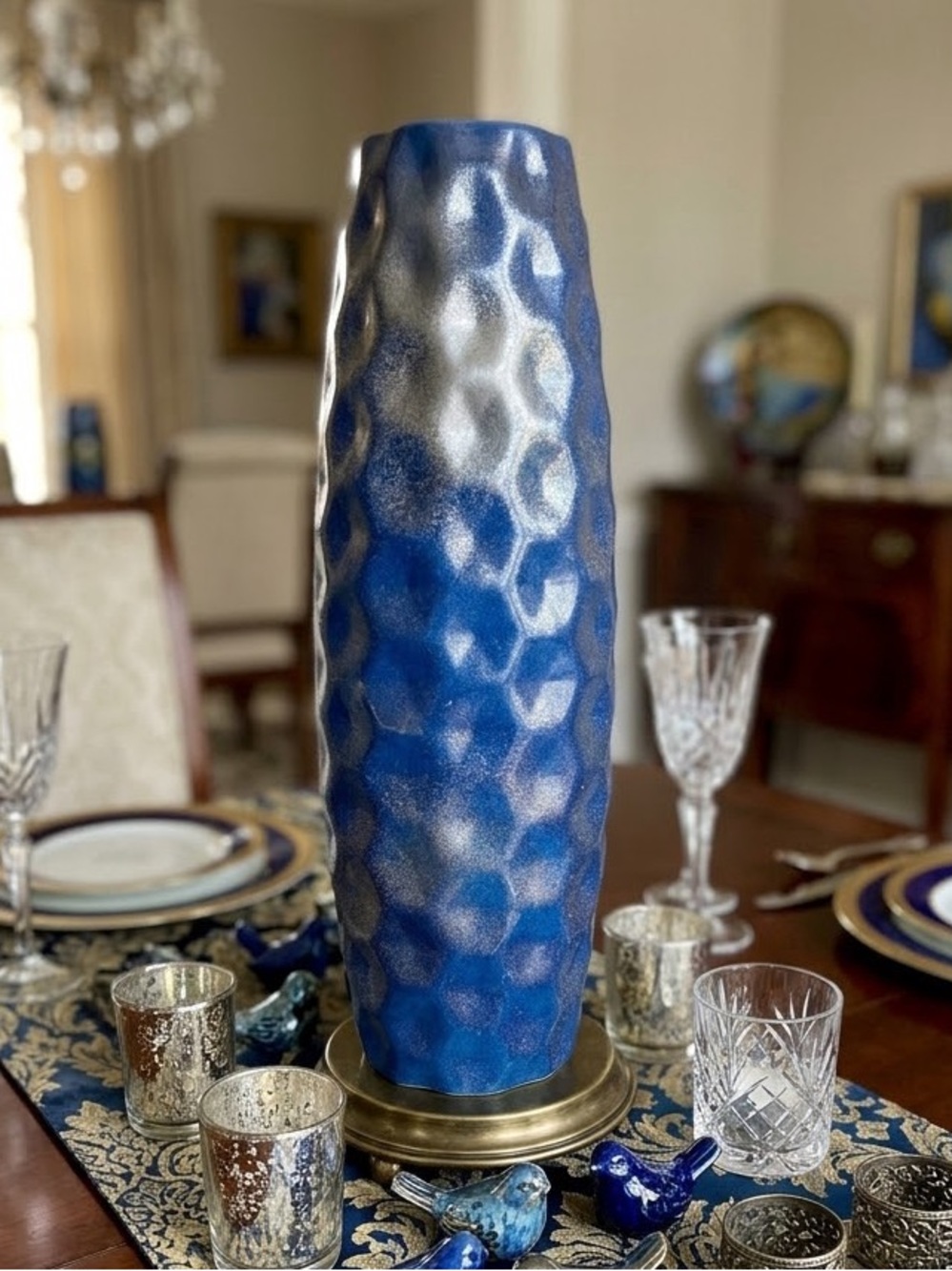 SO&SEWS Upcycled 15” Tall Cobalt Blue & Silver Geometric Dimpled Ceramic Vase